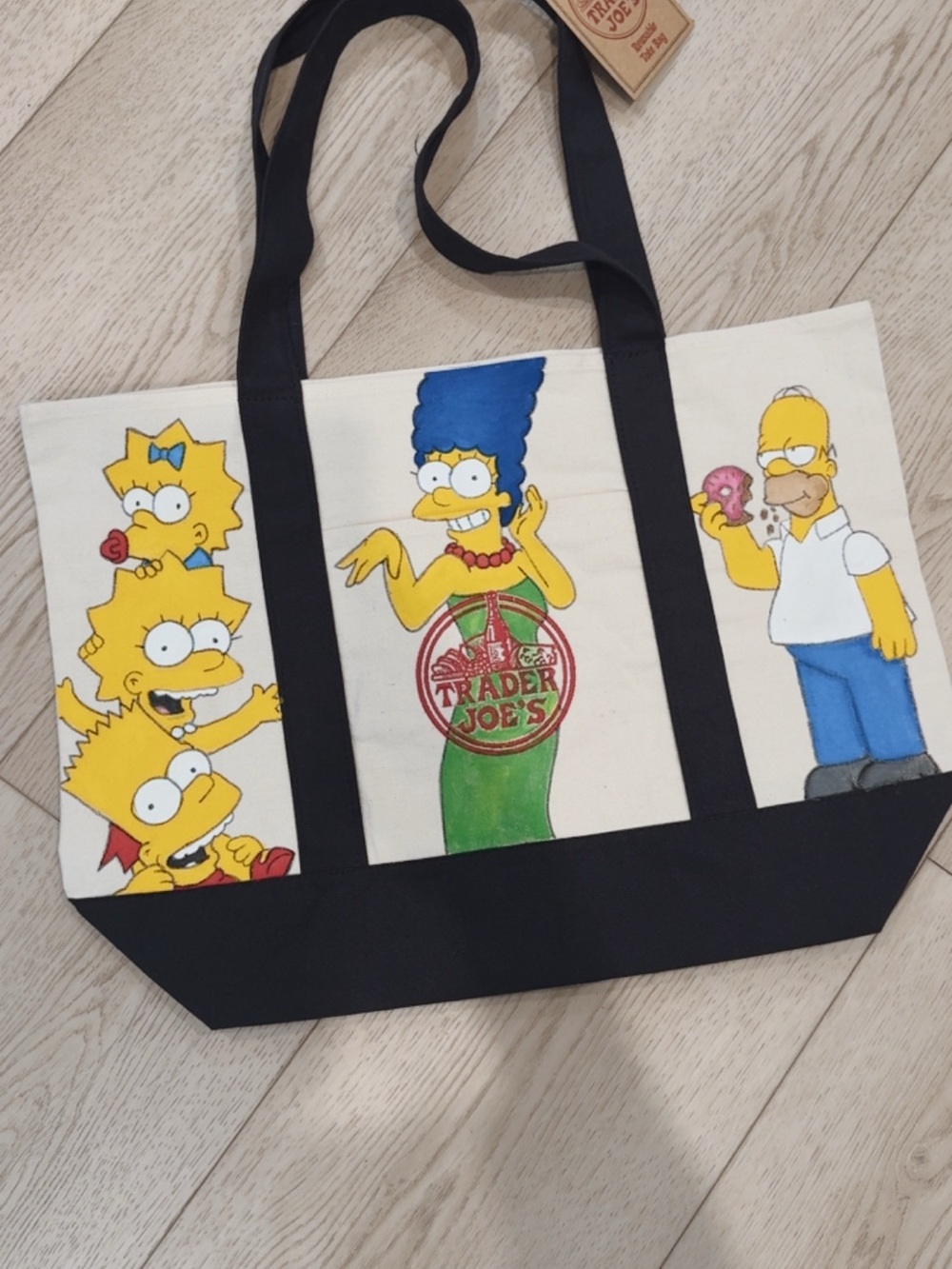 Trader Joe's x The Simpsons Canvas Tote Bag - large blue tote hand painted